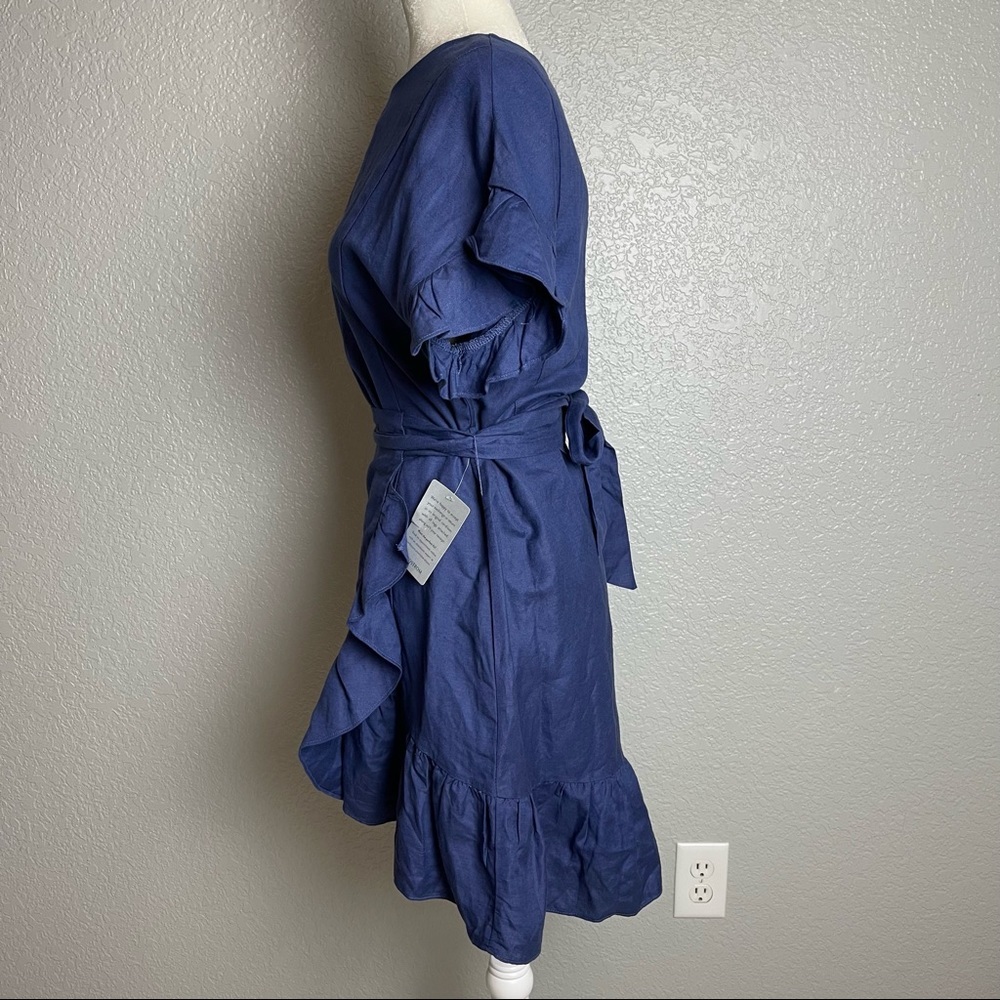 NWT ASTR The Label Blue Linen Ruffle Wrap Dress Sz XS - Picture 6 of 12